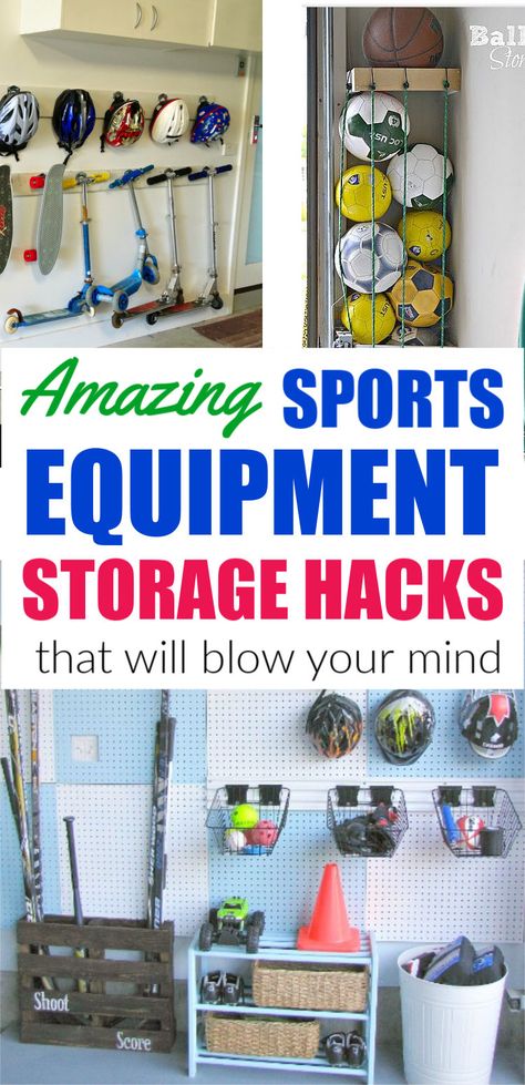 Easy sports equipment storage hacks. No more tripping over bikes and balls These storage ideas will keep your space neat and organized. Sports Rack Storage Ideas, Bungee Cord Ball Storage, Sports Gear Storage, Kids Bike Storage, Easy Storage Hacks, Sports Equipment Organization, Sports Equipment Storage, Garage Storage Inspiration, Bike Storage Garage