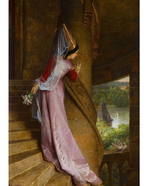 "The Secret Rendezvous" by French painter Pierre-Charles Comte, ca. 19thc. In private collection 💖 Medieval Drawings Sketch, Secret Rendezvous, Era Victoria, Arte Occulta, Pre Raphaelite Art, Istoria Artei, Medieval Paintings, Historical Eras, Art Ancien