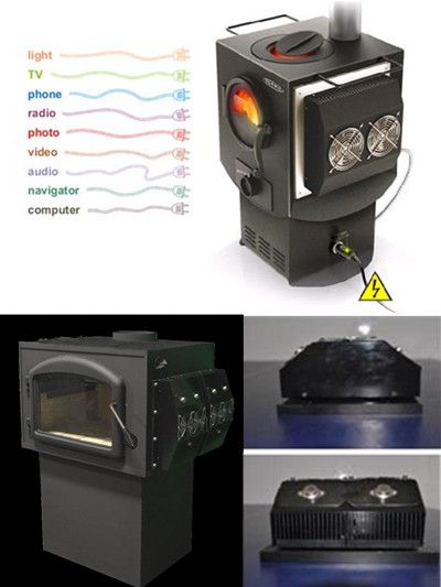 Woodburning stove with attached thermoelectric generator. Thermoelectric Generator, Portable Power Generator, Wood Heater, Fireplace Heater, Power Generator, Solar Energy System, Wood Burning Stove, Portable Power, Solar Energy