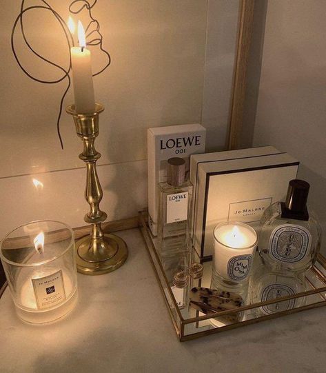 Candle Setup Ideas, Bedroom Candles, Boujee Aesthetic, Nightstand Decor, Aesthetic Candles, Aesthetic Board, Candle Aesthetic, House Goals, Bedroom Aesthetic