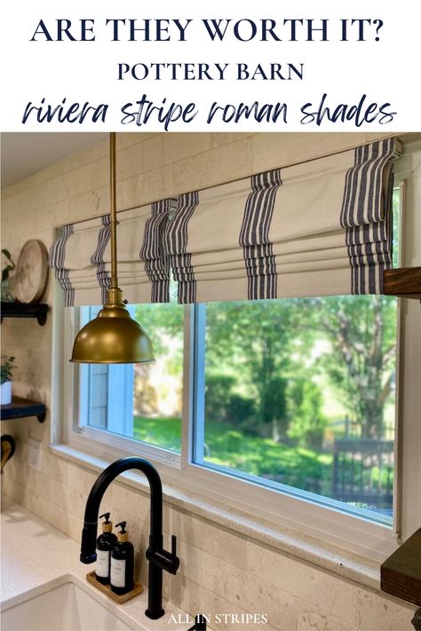 Pottery Barn Riviera Stripe Roman Shades Review Navy Roman Shades, Roman Shades Bathroom, Coastal Window Treatments, Kitchen Roman Shades, Beach Cottage Kitchen, Linen Roman Shades, Blackout Roman Shades, Cordless Roman Shades, Classic Window