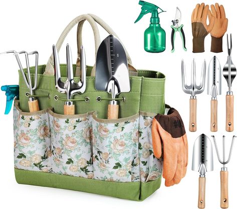 Gardening Tools 9-Piece Heavy Duty Gardening Hand Tools with Fashion and Durable Garden Tools Organizer Handbag,Rust-Proof Garden Tool Set, Ideal Gardening Gifts for Women Garden Tool Bag, Gardening Tool Kit, Garden Tool Organization, Portable Garden, Storage Tote, Hand Tool Set, Garden Tool Set, Garden Maintenance, Handbag Organization