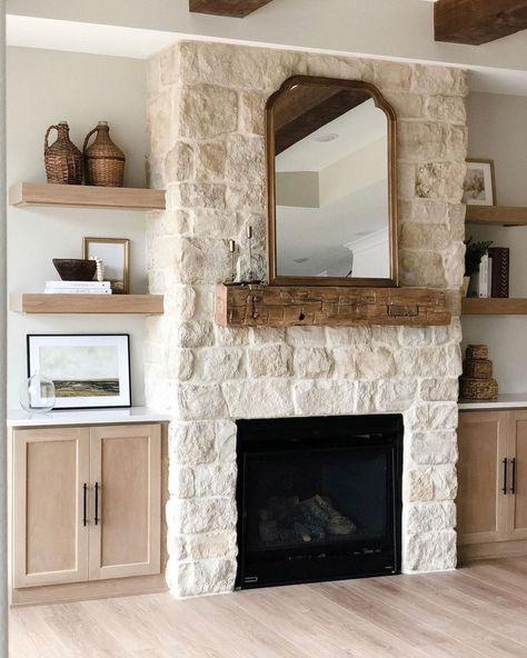 Creative Mines on Instagram: “Go neutral with stone and wood. #CreativeMines Product: Alpaca Craft Orchard Limestone @iastonesupply @uniquehomesia” Alpaca Craft, Limestone Fireplace Surround, Black Mantle, Mantle Ideas, Built In Shelves Living Room, Limestone Fireplace, Stone And Wood, Fireplace Built Ins, Fireplace Surround