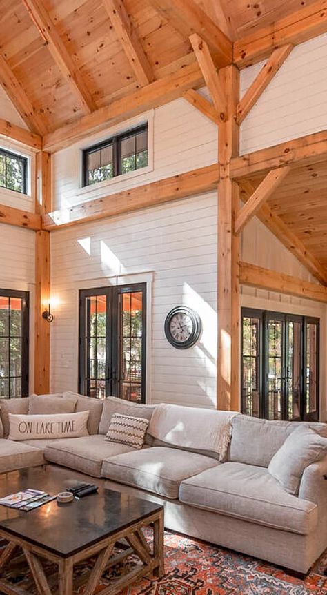 Post And Bean House, Post And Beam Addition, Interior Timber Frame Home, Post And Beam Lighting Ideas, Timberframe Interiors Modern, Post And Beam Homes Plans, Timber Frame Bedroom, Post And Beam Kitchen Ideas, Faux Timber Frame Interior