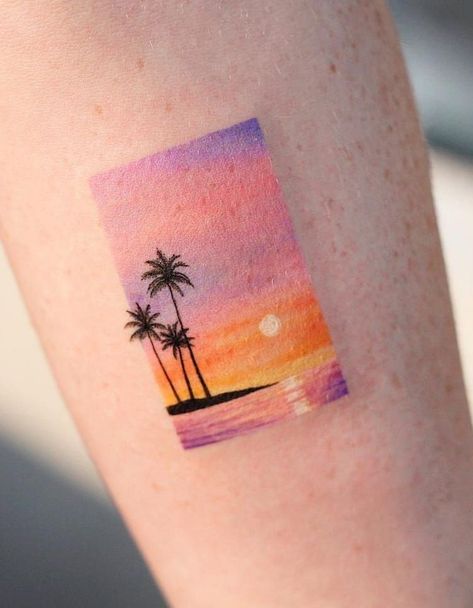 340+ Beach Tattoo Designs (2023) - TattoosBoyGirl Niece Tattoo, Tattoo Bunt, Sunrise Tattoo, Sunset Tattoo, Purple Tattoos, Scene Tattoo, Sunset Tattoos, Framed Tattoo, Sea Tattoo