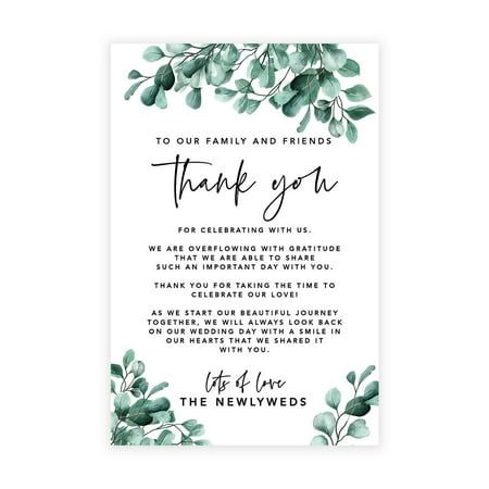 Size: At the perfect size of 4 inches by 6 inches, these thank you place setting cards have multiple uses for weddings and special events. This pack of 56 place setting cards can be ordered in bulk and used at each seat within your wedding reception to display a heartfelt thank you from the newlywed couple. As a wedding thank you card the beautiful script will be placed in the center of one of our unique designs. Or display as a table card with designs to match your wedding decor perfectly. Mate