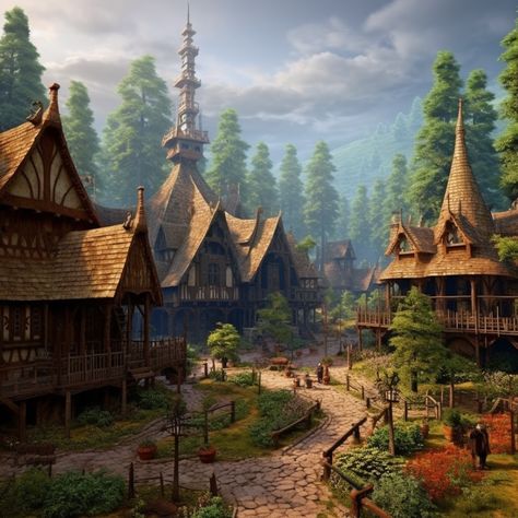 Elven Town Fantasy Art, Kingdom In The Forest, Forest Town Fantasy Art, Medieval Fantasy Town Concept Art, Forest Village Concept Art, Medieval Forest Village, Feywild City, Town In Forest, Fantasy Forest Town