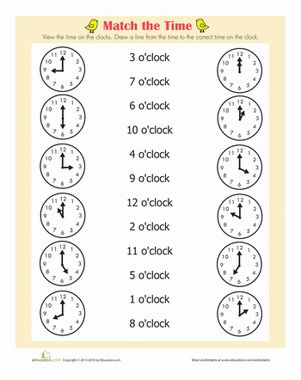 Connections. CC: 1.MD.3. This is an activity sheet on which students match analog time to it's written counterpart. This is best for use with students at the representational level with this concept. You will need the activity sheet and pencils. Math Clock, Clock Worksheets, Telling Time Worksheets, First Grade Math Worksheets, Time To The Hour, First Grade Worksheets, Time Worksheets, Teaching Time, Math Time