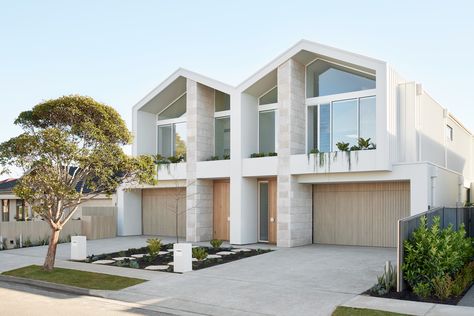 Japandi Inspired Luxury Home in Somerton Park – Aloca Twin House Design, Modern Coastal Exterior, House Facades Australia, Ensuite Design, Twin House, Coastal Exterior, Alfresco Area, Boutique Interior Design, Boutique Interior