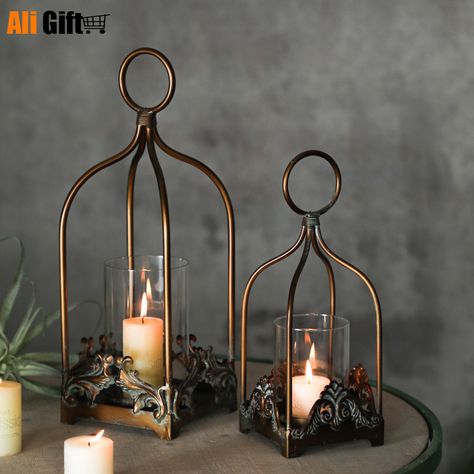 Retro Wrought Iron Candle Holder, Hollow Hanging Bird Cage Lantern, Bridal Home Decoration, Candles Dining Table Candles, Dark Academia Room Decor, Hanging Bird Cage, Wrought Iron Candle Holders, Iron Candle Holders, Baroque Ornament, Coloured Candles, Iron Candle Holder, Rustic Candles