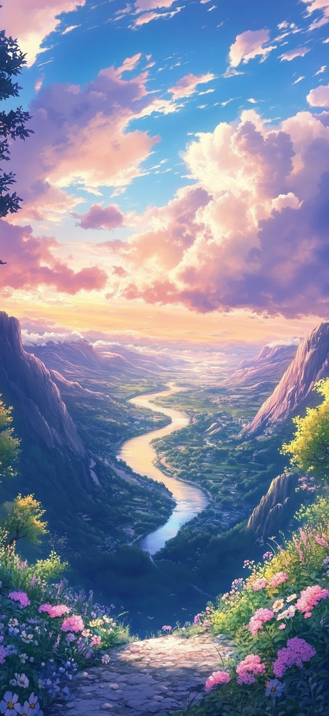 #Aesthetic #Wallpaper #iPhone #aiwallpaper #aiart #wallpapers #anime #animewallpaper Peaceful Fantasy Landscape, Vibrant Wallpaper Iphone Aesthetic, Iphone Background Anime, Anime Scenery Wallpaper Phone, Fantasy Wallpaper Iphone, Aesthetic Anime Scenery, Aesthetic Anime Scenery Wallpaper, Mystical Backgrounds, Pastel Phone Wallpaper