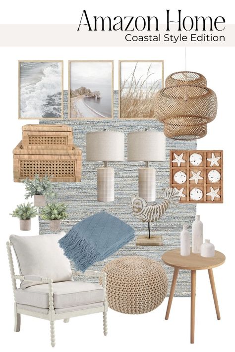 Kari Riedel's Amazon Page Cool Coastal Decor, Coastal Boho Style, Calm Coastal Decor, Coastal Zen Decor, Coastal Decor On A Budget, Coastal Den Ideas, Upscale Coastal Decor, Coastal Style Office, Modern Coastal Living Room Open Concept