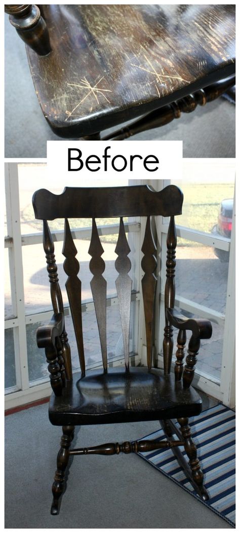 Rocking Chair Makeover - Before Antique Rocker Makeover, Black Rocking Chair Nursery, Vintage Rocking Chair Makeover, Refinishing Rocking Chair, Farmhouse Rocking Chairs, Rocking Chair Redo, Rocking Chair Makeover, Painted Rocking Chairs, Old Rocking Chairs