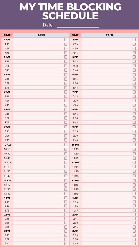 Grab the Kawaii Daily Planner Template to schedule your daily to-do list. Get the printable PDF now. (15-minute intervals /24-hours) Use it for studying or time blocking your work 💜 Time Block Daily Planner, Work Timetable Template, Block Time Schedule, 15 Minute Planner, Time Planner Ideas, Time Blocking Planner Free Printable, Free Time Blocking Printables, Printable Hourly Planner, Hourly Study Planner Printable