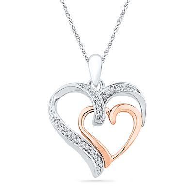 Diamond Accent Double Heart Pendant in Sterling Silver and 10K Rose Gold Heart Pendent, Jewellery Women, Curved Bar Necklace, Necklace Rose Gold, Peoples Jewellers, Bracelets Gold Diamond, Necklace Rose, Heart Pendant Diamond, Double Heart