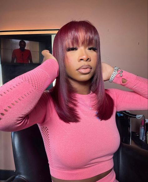 Burgundy Wig With Bangs, Sew In With Bangs, Sew In Wig, Frontal Wig Hairstyles, Black Hair Care, Burgundy Hair, Dope Hairstyles, Boost Your Confidence, Baddie Hairstyles