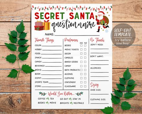 "Secret Santa Questionnaire Editable Template ➡️ MATCHING Items here: www.etsy.com/shop/PuffPaperCo/items?search_query=secretsanta THIS IS A TEMPLATE WHICH YOU CAN EDIT ON YOUR BROWSER- NO PHYSICAL PRODUCT WILL BE SHIPPED ❤️ EDITABLE TEMPLATE  - 8.5x11\" - Edit immediately right from your browser - Personalize most text, fonts, & colors - Change size, placement, or delete elements completely - Upload your own logo or image ------------------------------------ ⭐️➡️ TRY THIS TEMPLATE BEFORE BUYING Secret Santa Wishlist Template, Secret Santa Game Ideas, Christmas Secret Santa List, Work Secret Santa Questions, Secret Santa Aesthetic, Secret Santa Questionnaire For Coworkers, Secret Santa Wish List, Gift Exchange Form, Secret Santa Templates