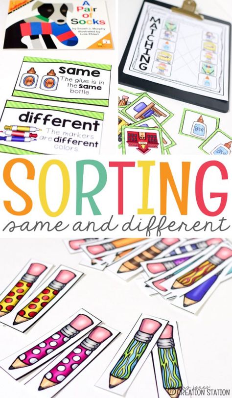 Same and Different Sorting Activities | Mrs. Jones' Creation Station Prek Sorting Activities, Sorting By Attributes Kindergarten, Pre K Sorting Activities, Sorting Objects Kindergarten, Same And Different Activities, Kindergarten Sorting Activities, K4 Classroom, Ladybug Room, Kindergarten Architecture