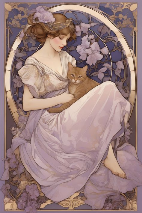 Elegarta Design - Art nouveau - Mucha Inspired Art - Girl with a cat Art Noveau Women, Mucha Inspired Art, Art Noveau Paintings, Alphonse Mucha Poster, Mucha Art Nouveau Illustrations, Art Nouveau Fanart, Art Nouveau Goddess, Art Nouveau Style Illustration, Art Nouveau Phone Wallpaper