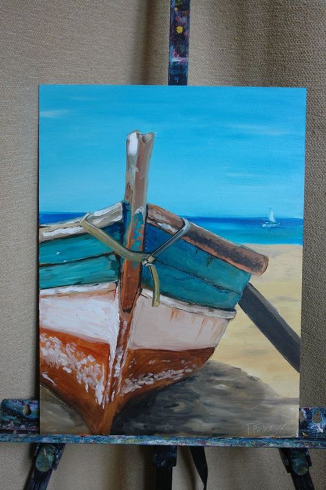 Boats Oil Painting, Boat On Beach Painting, Canvas Art Oil Painting, Fishing Boat Painting Acrylic, Painting Boats On Canvas, Painting Ideas On Canvas Sea, Modern Oil Painting Ideas, Boat Painting Ideas, Boats Artwork