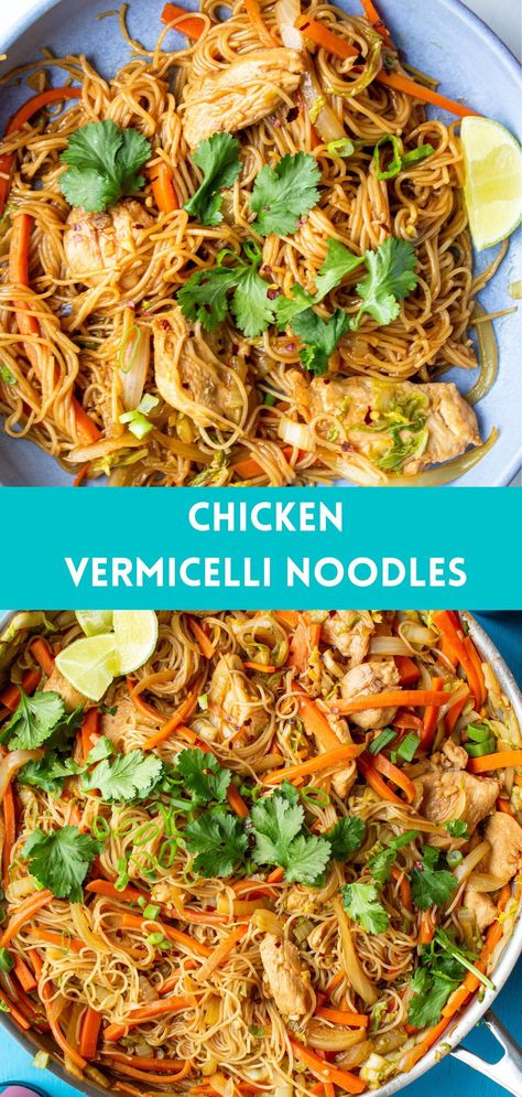 Looking for easy Chinese recipe ideas? This chicken Vermicelli noodle recipe is bursting with flavour. It takes less than 30 minutes to prepare, making it perfect for a weeknight dinner or make ahead freezer friendly meal. Gluten Free Vermicelli Recipes, Chicken Vermicelli Salad, Vermicelli Chicken Recipes, Vermicelli Recipes Healthy, Chicken And Vermicelli Noodles, Vermecilli Rice Noodles Recipes, Vercemelli Noodles Recipes, Chinese Vermicelli Recipes, Chicken Vermicelli Soup