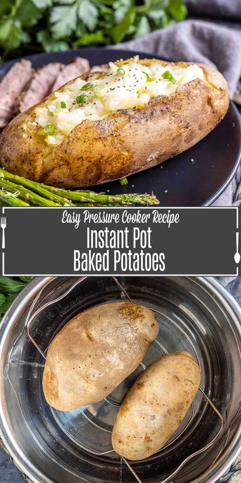 These easy Instant Pot Baked Potatoes are a quick way to get perfectly cooked baked potatoes every time. We show you how to use your pressure cooker to make baked potatoes for a quick meal, side dish, or as part of another dish. Making baked potatoes in an Instant Pot is going to change the way you cook! Instapot Baked Potatoes Instant Pot, Baked Potatoes In Instant Pot, Baked Potatoes In Instapot, Instapot Baked Potatoes, Potatoes In Instant Pot, Pressure Cooker Baked Potatoes, Make Baked Potatoes, Instant Pot Baked Potatoes, Potatoes Instant Pot