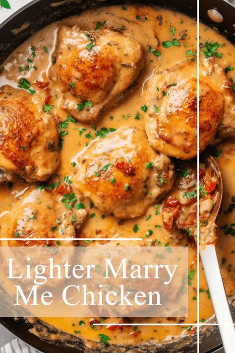 Indulge in the mouth-watering flavor of Lighter Marry Me Chicken thighs made healthier with the use of light cream cheese. #MarryMeChicken #HealthyChickenThighs #LightCreamCheese #SunDriedTomatoes #ParmesanCheese #GarlicChicken #RedPepperFlakes #HealthyDinnerIdeas #LowCalorieRecipes #EasyChickenRecipes #HealthyMealPlanning #HealthyEating #LowFatRecipes #LowCarbRecipes #HealthyItalianFood #HealthyComfortFood #QuickAndEasyRecipes #30MinuteMeals #WeeknightDinners #HealthyFamilyMeals Weight Watchers Marry Me Chicken, Chick Thigh Recipes, Marry Me Chicken Thighs, Paprika Chicken Thighs, Chicken Thighs In Oven, Chicken Thighs Dinner, Healthy Chicken Thigh Recipes, Healthy Italian Recipes, Marry Me Chicken Recipe