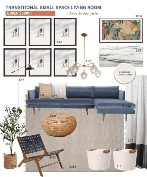 Mood Board Monday: A Transitional Small Space Living Room Under $5000! - Chris Loves Julia Living Room Mood Board, Room Mood Board, Transitional Decor Style, Space Living Room, Blue Couches, Chris Loves Julia, Small Space Living Room, Transitional Living Rooms, Family Room Design