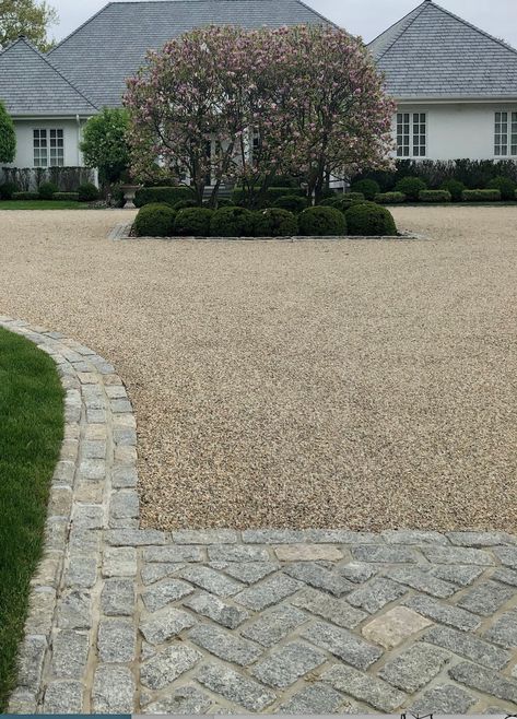 Different Driveway Ideas, Pea Gravel Circular Driveway, Large Gravel Driveway, Driveway Landscaping Gravel, Gravel In Front Of House, Country Cottage Driveway, Cotswold Chippings Driveway, Motorcourt Driveways, Tar And Chip Driveway Ideas