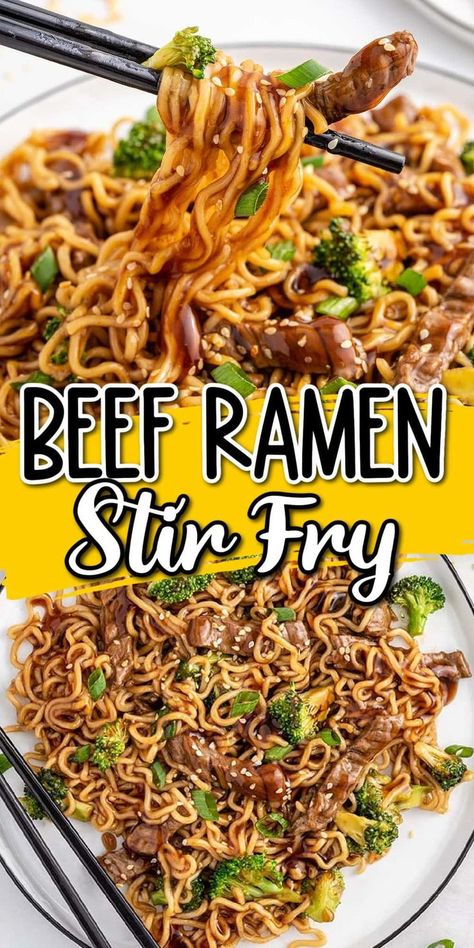 Ramen Beef Stir Fry Recipes, Broccoli Beef Ramen, Ramen Noodle Beef And Broccoli, Steak Ramen Stir Fry, Beef And Broccoli With Ramen Noodles, Dinners With Ramen Noodles, Asian Recipes With Noodles, Beef Ramen Noodles Recipes, Beef And Broccoli Teriyaki Stir Fry