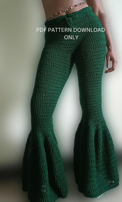 PDF digital download only for these beautiful quality crochet bell bottoms. You will need to know how to double crochet, single crochet, decrease, all the basics in order to make these pants.   This will not be a crochet tutorial, but how to make these pants only.  Beginner friendly, very detailed with pictures included, and straight to the point!  This pattern is not based off of small, medium, large, etc sizes. Sizes are to your fitted size only. You will basically be trying your pants on periodically to shape it to your legs by doing decreases.  Once you purchase an email will be sent and you can download it right then and there or you can download through the etsy app once you purchase.  If you have any questions on anything, please do not hesitate to message me, and I will gladly work Crochet Bell Bottom Pants, Bell Bottom Pattern, Crochet Bell Bottoms, Pants Tutorial, Crochet Bell, Crochet Pants, Crochet Inspo, Waist Measurement, Bell Bottom Pants