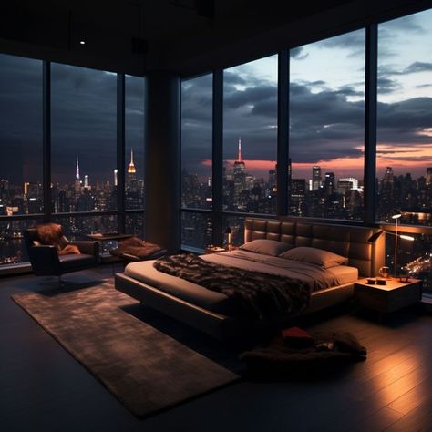 #penthouse #luxury #luxuryfurniture #newyorkcity #interiordesign #bedroom Dark Modern Bedroom, Penthouse Aesthetic, Penthouse Bedroom, Urban Bedroom, Penthouse Interior, Nyc Penthouse, New York Penthouse, Apartment View, Modern Luxury Bedroom