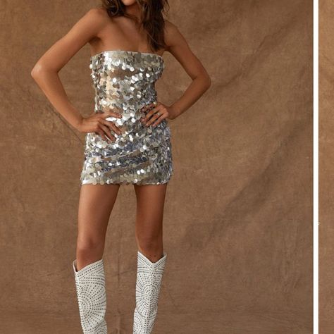 Pippa Silver Disco Sequin Mini Dress Disco Sparkly Outfit, Disco Party Dress Ideas, Disco Themed Hoco Dress, Disco Mini Dress, Silver Sequin Outfit, Disco Outfit Aesthetic, Disco Club Outfit, Silver Disco Outfit, Big Sequin Dress