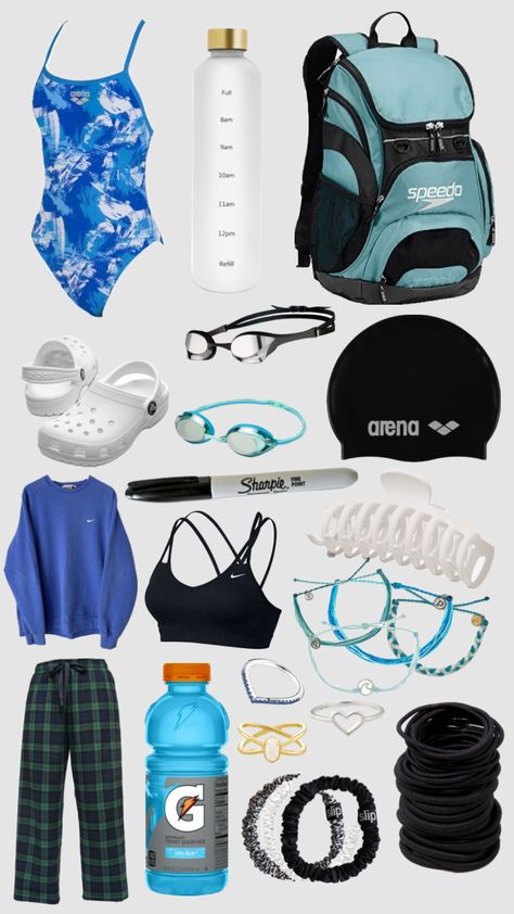 idk why I added jewelry #swimmer #meet #sports Swim Suits For Swimmers, Swimming Gear Aesthetic, Whats In My Swim Bag, Hairstyles For Competitive Swimming, Swim Team Outfits, What To Put In Your Swim Bag, Swimming Essentials List, Nails For Swimmers, Swim Class Essentials