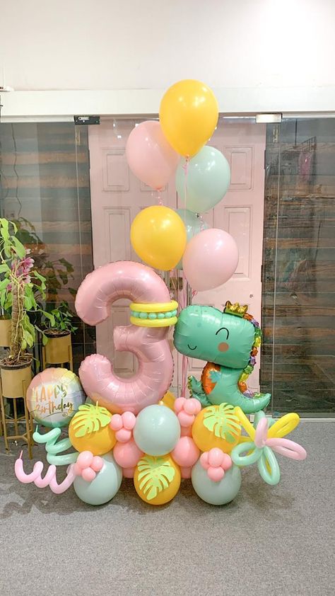 3rd Birthday Balloon Bouquet, Dinosaur Birthday Ideas For A Girl, Third Birthday Decorations, Dinasour Balloon, Three Rex Balloons, Princess And Dinosaur Birthday Party, Girly Dinosaur Photoshoot, 3rd Birthday Balloons, Dino Balloon Decorations