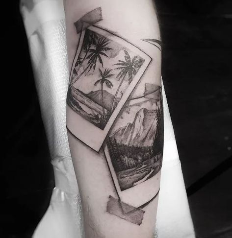 Wanderlust Polaroid Tattoo #vacationmode #beachtattoo #beach #mountains #polaroid #travel #wanderlust Polaroid Picture Tattoo Ideas, Photograph Tattoo, Polaroid Tattoo, Niece Tattoo, Nova Tattoo, Island Tattoo, Map Tattoos, Wicked Tattoos, Wrist Tattoos For Guys