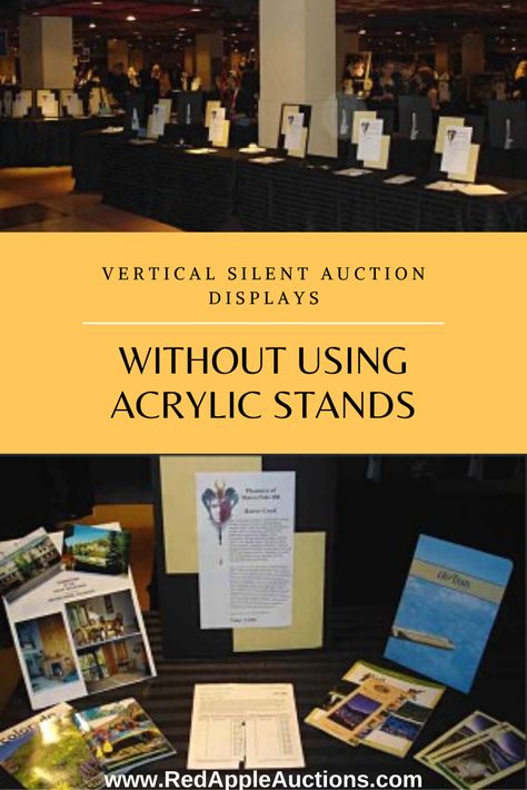 The key to a good silent auction display is to keep it vertical. Here are three options other than acrylic stands that you can use for your silent auction. Displaying Silent Auction Items, Silent Auction Signs, Silent Auction Set Up Ideas, Silent Auction Decor, How To Display Gift Cards For Silent Auction, Silent Auction Set Up Display, Silent Auction Table Display, Silent Auction Gift Card Display Ideas, Gift Card Silent Auction Display