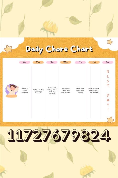 hopefully I did this right! this was a request (: in our country it is not common for chore charts (we still of course do chores daily), so im very unfamiliar with it. I based it all on google:D ALWAYS FEEL FREE TO REQUEST<3 Enjoy this decal for your family rps in bloxburg! #roblox #decals #bloxburgdecals #bloxburg #bloxburgchores #bloxburgfamilyrp #bloxburgfamily Roblox Decal Codes Chores, Realistic Family House Bloxburg, Chore Decals For Bloxburg, Club Roblox Image Id Codes Chores, Chores Codes For Bloxburg, Berry Avenue Decal Codes Chores, Bloxburg Picture Codes Chores, Chore Chart Codes Bloxburg, Bloxburg Neighborhood Codes For Rp