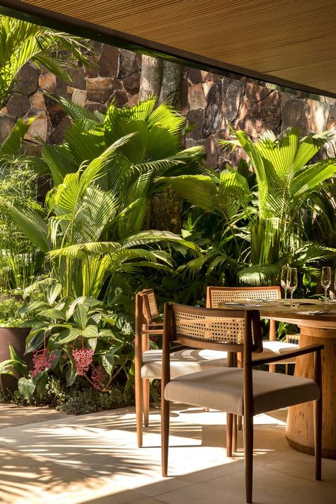 Biophilic Dining Room, Tropical Patio Ideas, Tropical Terrace, Living Room Tropical, Dining Table Outdoor, Tropical Furniture, Tropical Living Room, Green Patio, Tropical Outdoor