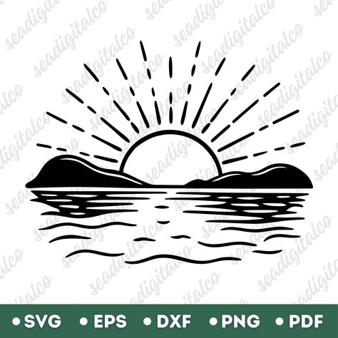 Sunset Svg Free, Land And Sea Drawing, Sunrise Drawing, Sun Svg, Hat Burning, Sea Drawing, Sunset Silhouette, Drawing Vector, Clipart Black And White