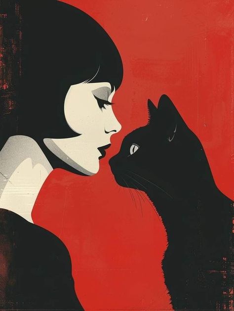 Cat Art Minimalist, Cat And Woman Art, Poster Color Illustration, Trafard Print Ideas, Cat Profile Illustration, Red And Black Drawings, Cat Woman Painting, Black Cat Art Illustration, Painting Ideas Cat