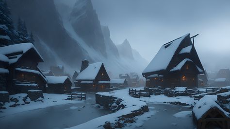 A fantasy-inspired snowy village lost in the mountains. From photography taken in my travels in the Caucasus Mountains to generative AI models, dreams can take a digital form accessible to all. Snowy Plains Fantasy Art, Winter Village Fantasy Art, Village In Snowy Mountains, Snowy Viking Village, Snowy Fantasy Village, Snowy Village Fantasy Art, Fantasy Snow Village, Snowy Medieval Village, Fantasy Snow Mountain