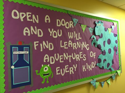 Monsters Inc. Adventure Bulletin Board- New semester RA Monster Ink Classroom Theme, Disney Welcome Back Bulletin Board, Monsters University Classroom Theme, Monsters University Bulletin Board, Monster Inc Bulletin Board, Monsters Inc Bulletin Board Ideas, Monsters Inc Classroom Door, Monsters Inc Decorations Classroom, Monsters Inc Hallway Decorations