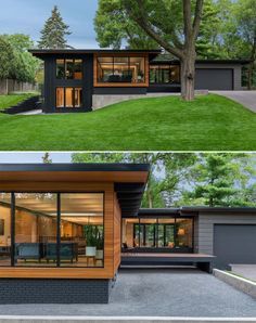 Black And Wood Exterior, Open Plan Interior, Interior Modern House, Mid Century Modern House Exterior, Mid Century Modern Exterior, Eksterior Modern, Wood Exterior, Mid Century Modern Home, Modern House Exterior Colors