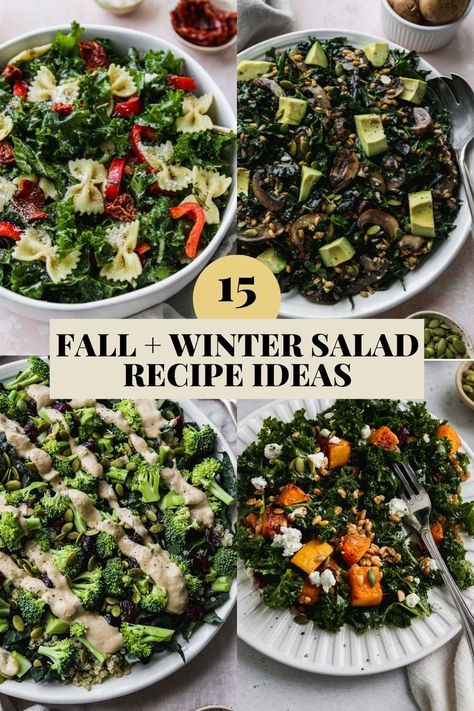 Pinterest graphic for a roundup of 15 fall and winter salad recipe ideas. Kale Salad Recipes Healthy, Recipes Using Kale, Healthy Kale Recipes, Recipe Using Kale, Kale Recipes Healthy, Walder Wellness, Salad Recipes With Bacon, Salad Recipe Ideas, Kale Recipe