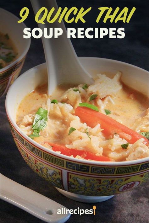 Looking for soup recipes? Try cooking these quick Thai soup recipes. From Thai chicken noodle soup to Thai coconut soup, these quick and easy soup recipes are delicious dinner ideas. Thai Noodle Soup Chicken, Thai Chicken Noodle Soup Recipes, Easy Thai Chicken Soup, Thai Rice Soup Recipes, Thai Pork Soup Recipes, Thai Broth Soup Recipes, Easy Coconut Soup, Best Asian Soup Recipes, Thai Coconut Noodle Soup