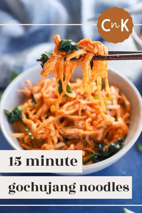 Gochujang Noodles are spicy, saucy, and flavorful! Ready in just 15 minutes, you can enjoy all the Korean-inspired flavors without all the time. The flavorful meal will spice up your weeknight meal routine. Gochujang Noodles, Witch's Kitchen, Noodles With Chicken, Korean Chili Paste, Noodles Chicken, Gochujang Sauce, Wheat Noodles, Chicken And Spinach, 15 Minute Meals