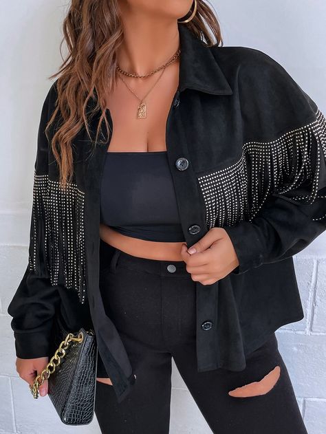 Shania Outfits, Black Fringe Jacket Outfit, Nashville Glam Outfit, Black Western Outfit, Neutral Aesthetic Outfits, Fringe Jacket Outfit, Aerosmith Concert, Nashville Outfit, Plus Size Jackets