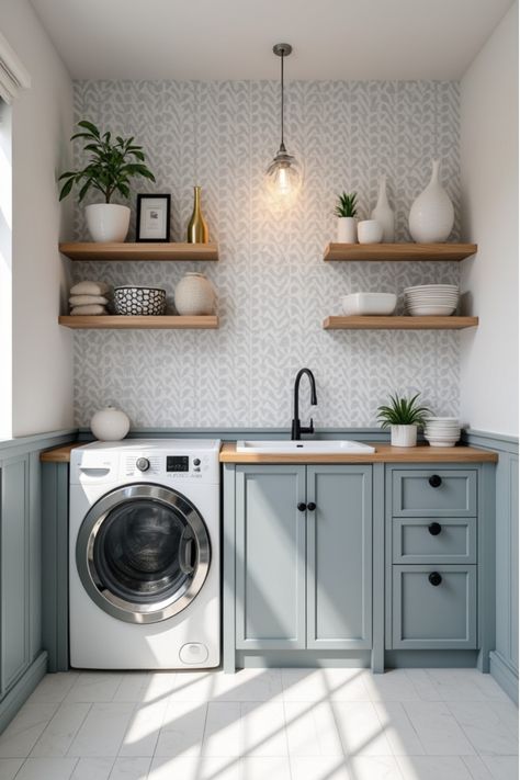 Modern laundry room with geometric wallpaper and floating shelves Combination Bathroom And Laundry Room, Wallpaper Laundry Rooms, Wallpaper Laundry Closet, Laundry Room Colour Schemes, Mud Room Wallpaper Ideas, Small Laundry Room With Wallpaper, Laundry Room Wall Tile, Laundry Room Makeover Wallpaper, Wallpaper Laundry Room Ideas