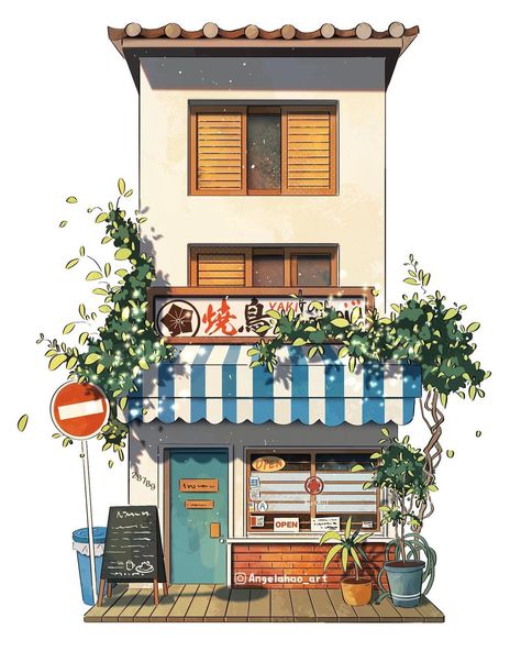 Angela H. on Instagram: “208/365 Isn’t this storefront looking familiar? Sneak peek of my upcoming online class - the final assignment storefront illustration is a…” Japanese Storefront Illustration, Angela Hao, Japanese House Drawing, Storefront Illustration, Town Illustration, Sims4 House, Cute Town, Japanese Buildings, Build Inspiration